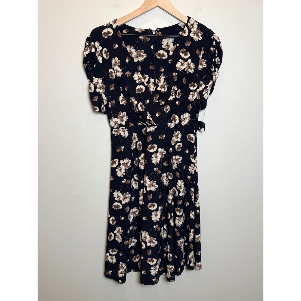 NWT Tommy Hilfiger 8 Petite Fit Flare Dress Faux Wrap Black Floral Dark Romantic